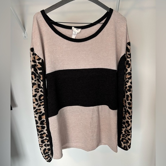 BiBi Black Stripe and Leopard Sleeve Sweatshirt - Picture 1 of 4